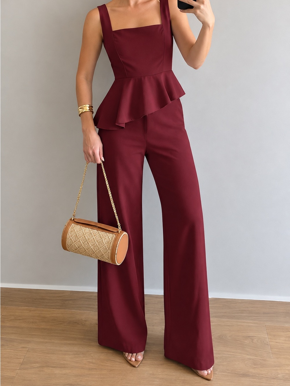 Burgundy Waist Cinching A-Line Fitted Tank and Wide-Leg 2 Piece Jumpsuit Set